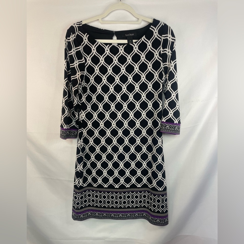 White House Black Market jersey dress in black, white, and purple this is lined